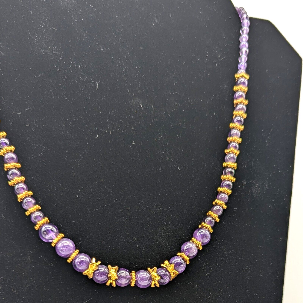 Stauer Genuine Amethyst Beaded Necklace Graduated with Gold Plated Spacers - Picture 7 of 12